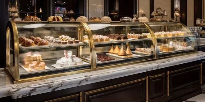 vitrine réfrigérée art déco avec gâteaux choux et entremets