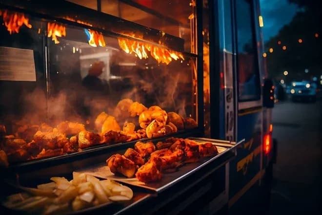poulets rôtis et frites dans un camion rôtisserie en soirée
