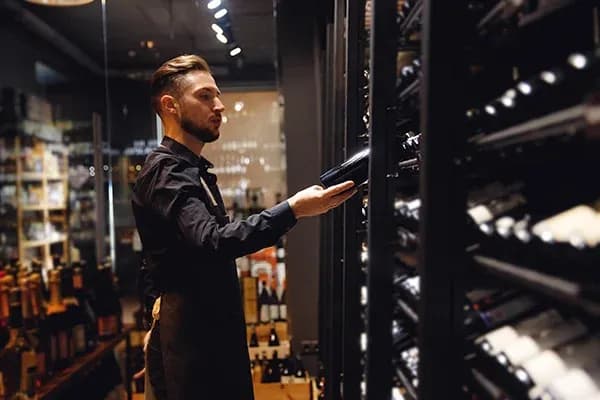 homme en chemise noire choisissant une bouteille de vin dans un magasin spécialisé