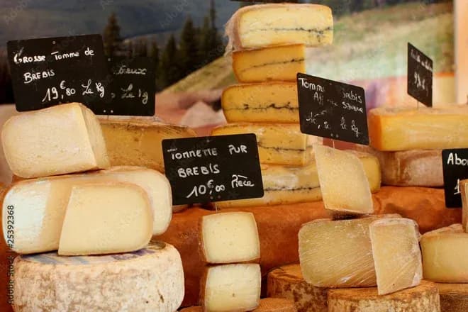étal de fromages affinés avec ardoises mentionnant brebis et prix