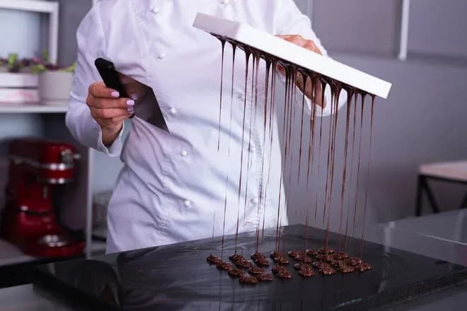 Préparation de chocolats avec du chocolat fondu s'écoulant d'un moule sur un plan de travail