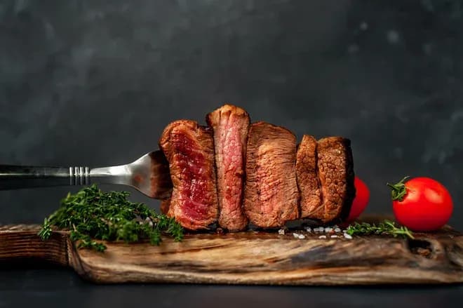 steak tranché rosé sur planche en bois avec tomates cerises et herbes
