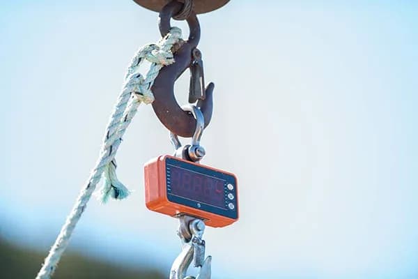 balance numérique orange suspendue à un crochet métallique