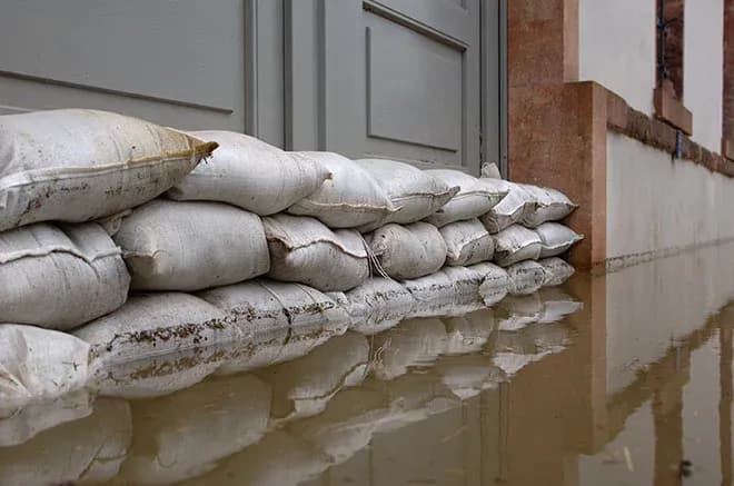 sacs de sable alignés contre une porte avec de l'eau stagnante autour