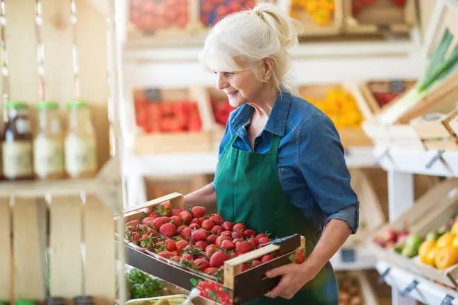 femme souriante portant une caisse de fraises dans une épicerie colorée