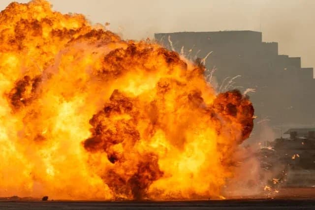 boule de feu d'une explosion près de bâtiments urbains