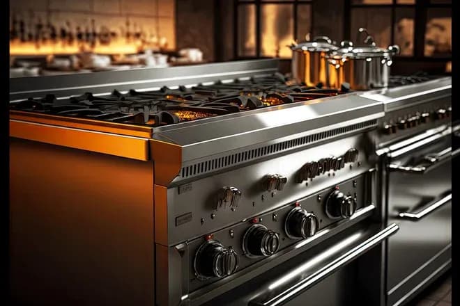 cuisinière professionnelle avec des casseroles sur le feu dans une cuisine moderne