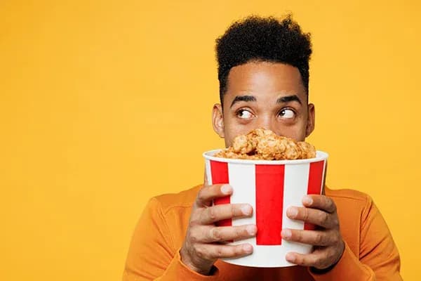 Homme souriant tenant un seau de poulet frit devant un fond jaune lumineux