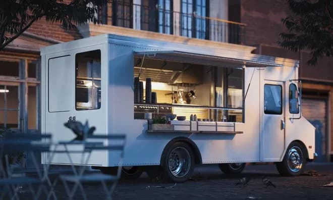 camion-restaurant blanc garé la nuit avec comptoir ouvert et éclairage intérieur