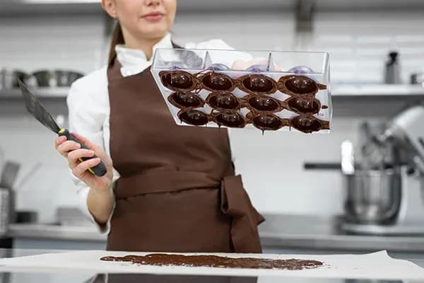 femme en tablier chocolatier tenant un moule à chocolat dans une cuisine professionnelle