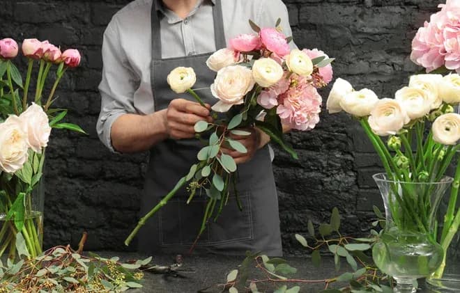 artisan fleuriste arrange un bouquet de fleurs roses et blanches sur un plan de travail en pierre