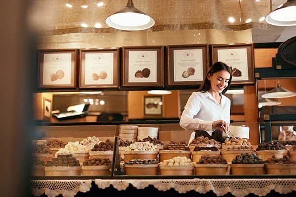 vendeuse souriante emballe des chocolats derrière un comptoir