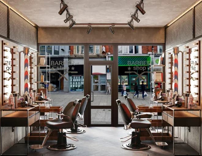 intérieur d'un salon de barbier avec fauteuils miroirs éclairés et vitrine donnant sur la rue