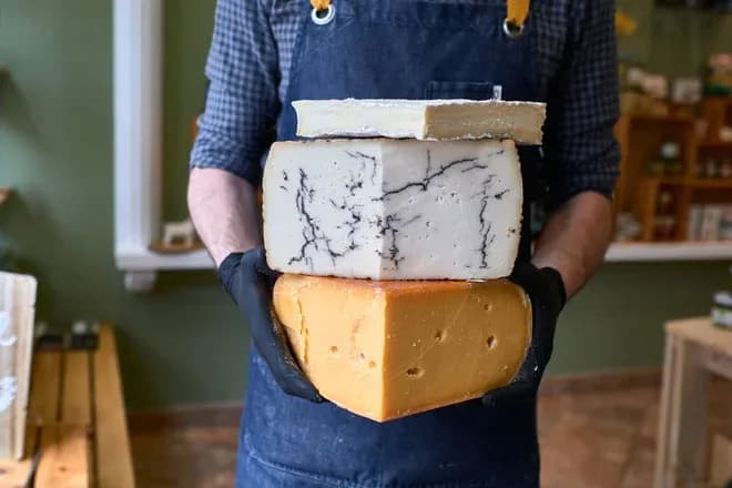 fromage artisanal empilé dans les mains d'une personne portant des gants noirs