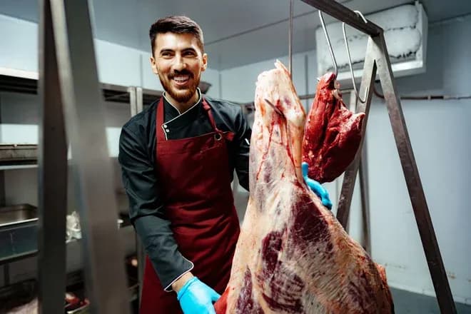 boucher souriant tenant une pièce de viande dans une chambre froide de boucherie