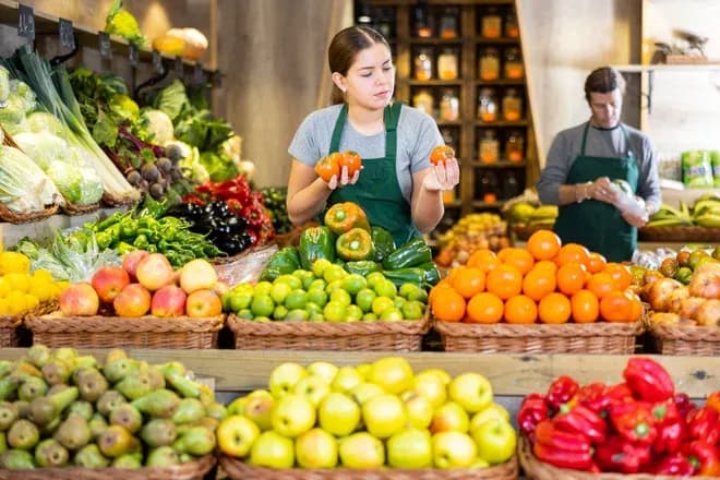 femme choisissant des légumes dans un magasin de produits frais avec des paniers colorés