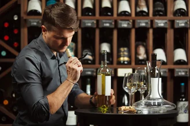 Homme examinant une bouteille de vin avec des verres et une carafe sur une table près d'une cave à vin