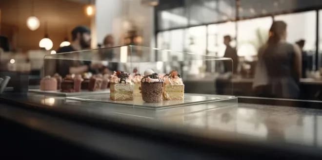 gâteaux colorés sous cloche dans une pâtisserie avec des clients en arrière-plan