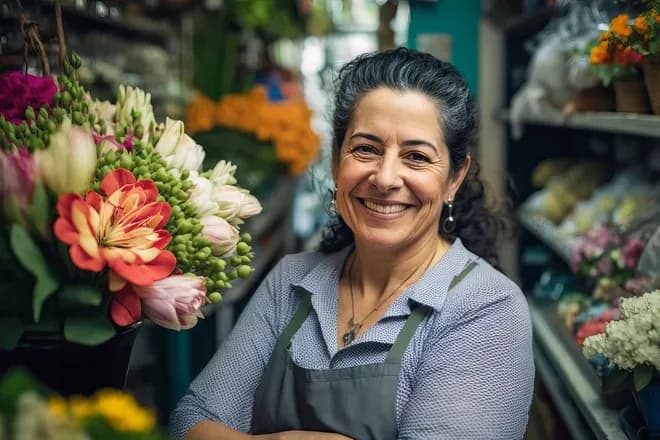 femme souriante devant des fleurs colorées dans une boutique de fleurs