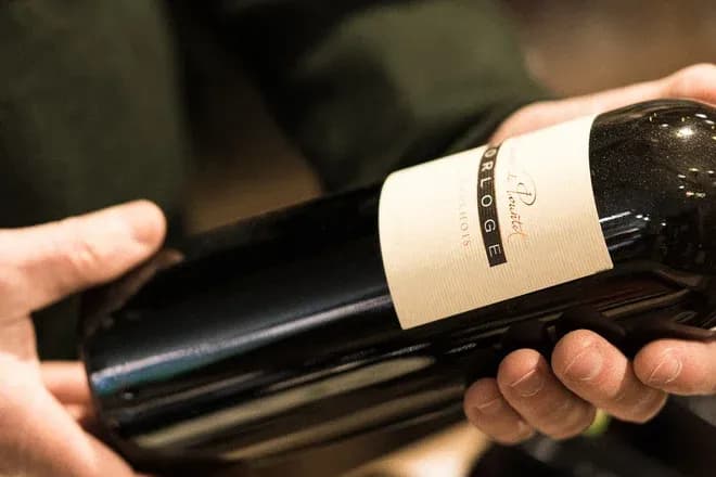 mains tenant une bouteille de vin rouge étiquetée