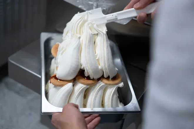 crème glacée servie avec des biscuits dans un bac en métal