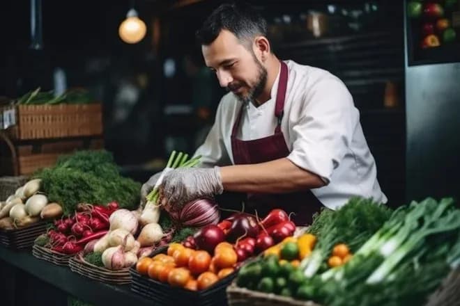 vendeur range des légumes frais sur un étal de marché