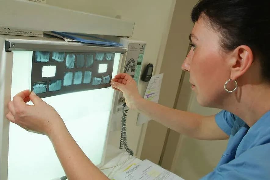 personne examinant des radiographies médicales sur un écran lumineux dans un cabinet médical