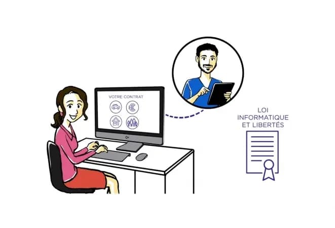 femme utilisant un ordinateur avec un homme en visio et des éléments sur la protection des données