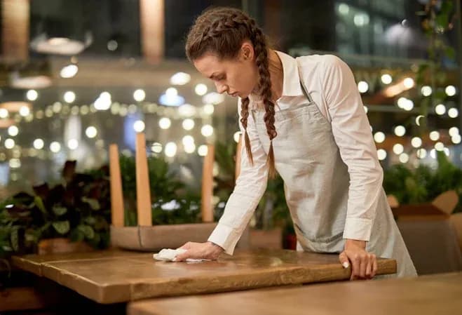 femme nettoyant une table en bois dans un environnement de restaurant moderne