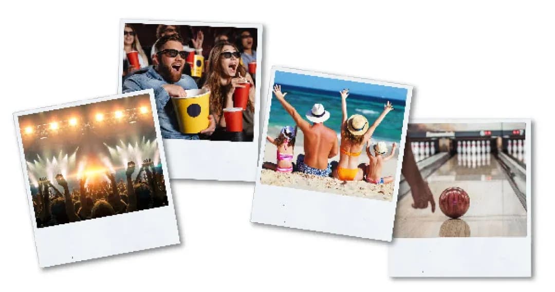 collage de photos représentant des loisirs variés comme des concerts, la plage et le bowling