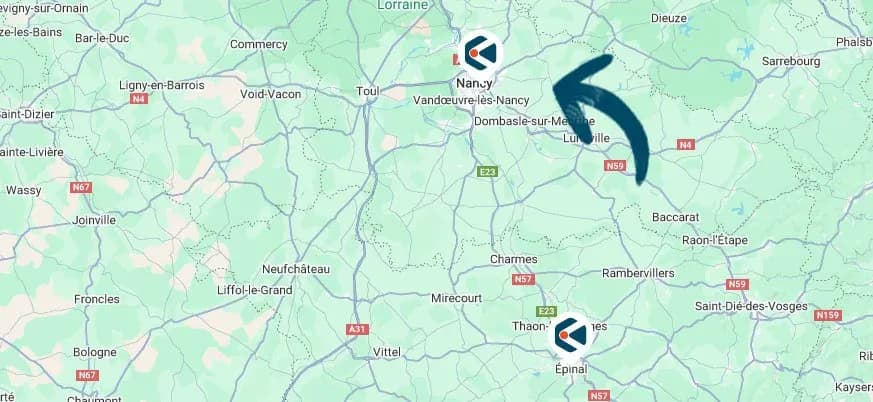 carte de la région de Nancy avec indication de l'agence d'Epinal et de son déménagement