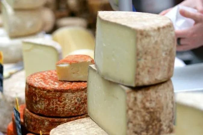 fromages variés disposés sur un marché avec une main tenant un morceau de fromage