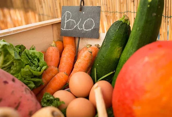 légumes frais bio avec des carottes des œufs et une étiquette indiquant bio