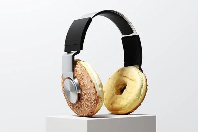 casque audio avec des oreilles en forme de beignet sur un socle blanc