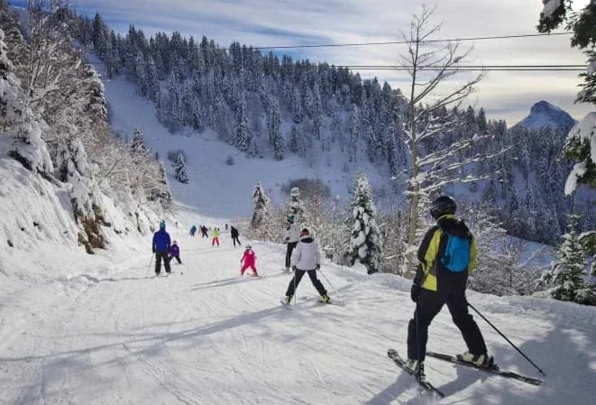 Piste de ski avec des skieurs et des sapins enneigés en arrière-plan sous un ciel nuageux