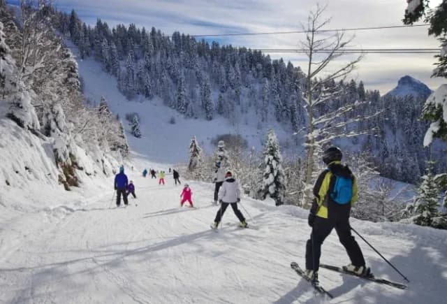 Piste de ski avec des skieurs et des sapins enneigés en arrière-plan sous un ciel nuageux