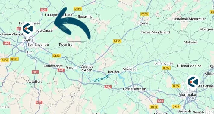 carte montrant le déplacement d'une agence de Montauban à Agen avec flèches directionnelles