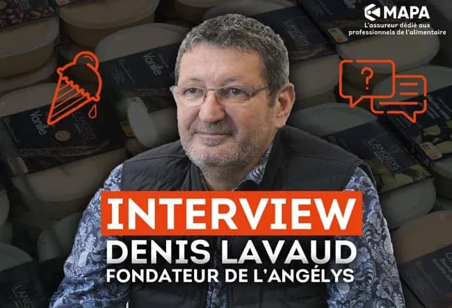 Portrait de Denis Lavaud avec des produits en arrière-plan et texte d'interview en surimpression