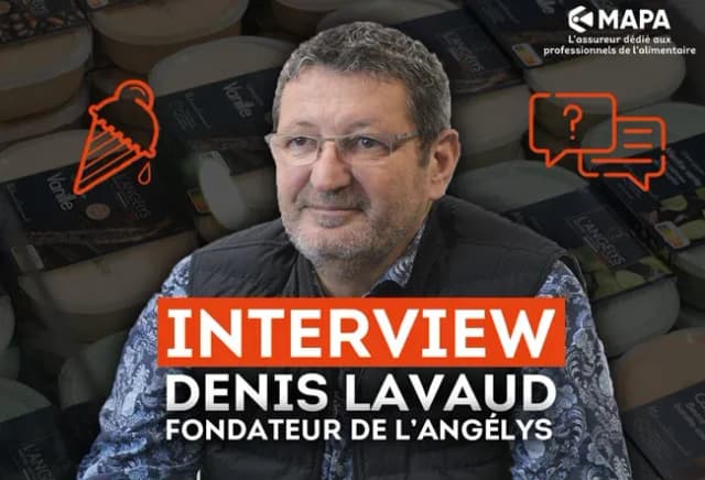 Portrait de Denis Lavaud avec des produits en arrière-plan et texte d'interview en surimpression