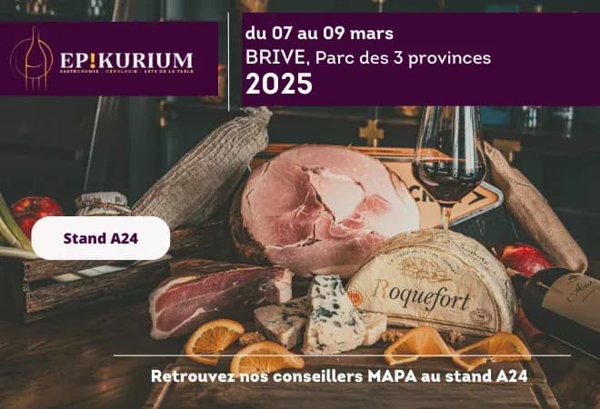 Salon Epikurium à Brive avec des produits alimentaires et un stand Mapa. Dates et lieu indiqués.