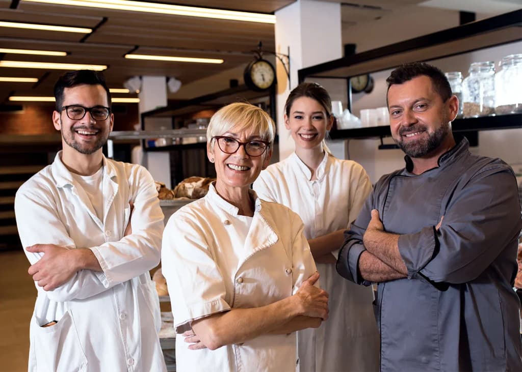 Quatre professionnels de la cuisine souriants dans un environnement de restauration moderne