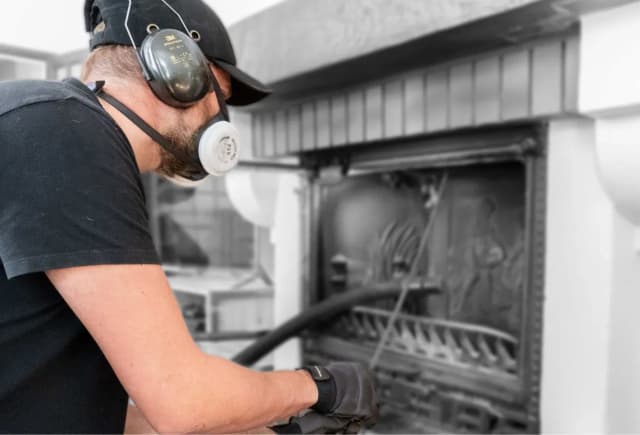 Technicien nettoyant un poêle avec un équipement de protection adapté