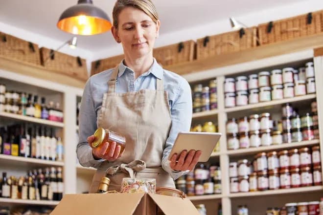 Vendeuse en tablier vérifiant un pot avec une tablette dans une épicerie