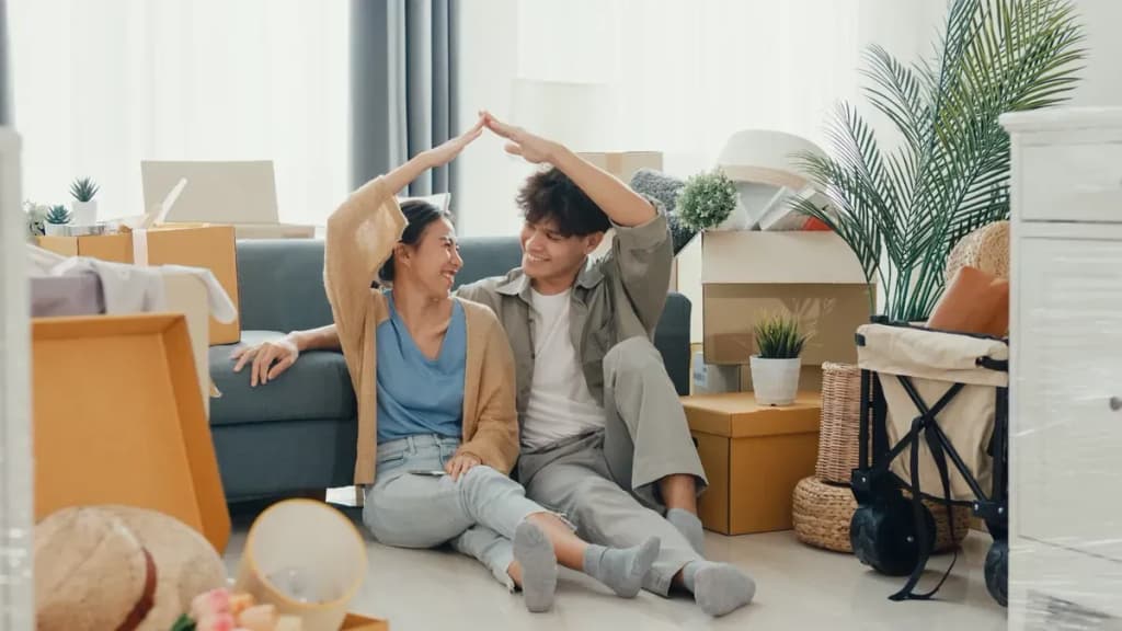 Jeune couple assis par terre entouré de cartons de déménagement, formant un toit avec leurs mains jointes en souriant