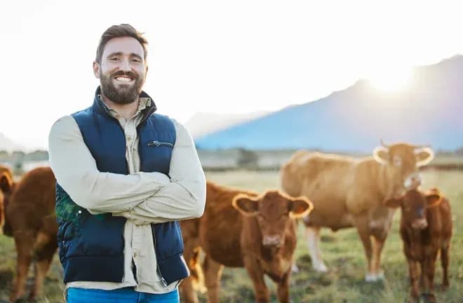 éleveur souriant bras croisés devant son troupeau de vaches au pâturage