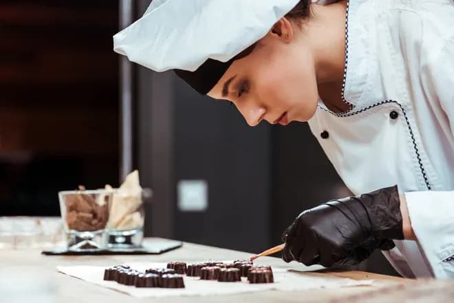 chocolatière décorant des pralines sur un plan de travail