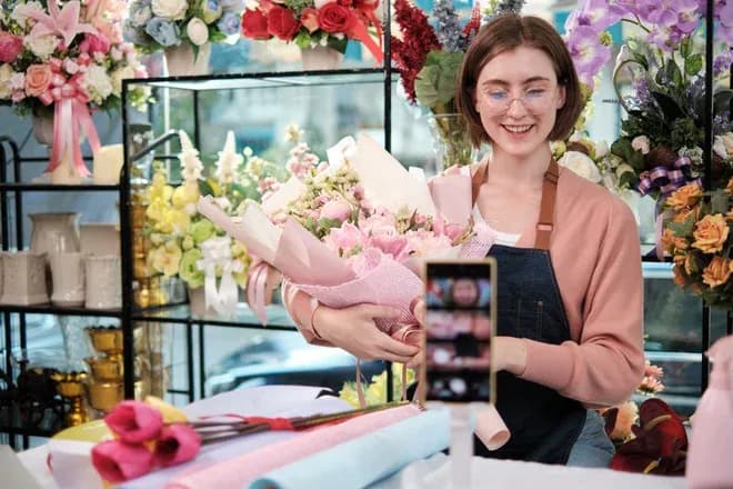 fleuriste souriante tenant un bouquet devant son smartphone en boutique