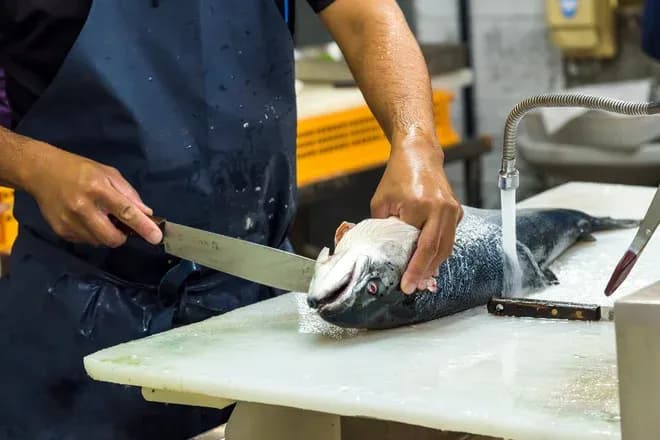 poissonnier découpe un gros poisson sur une planche sous un jet d'eau
