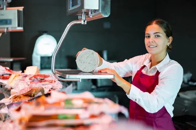 femme souriante présentant un morceau de charcuterie dans une boutique spécialisée