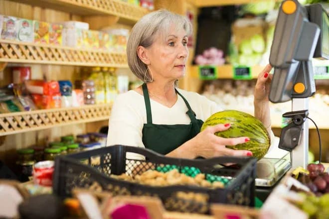 femme âgée pesant un melon dans un magasin de fruits et légumes avec des produits en arrière-plan